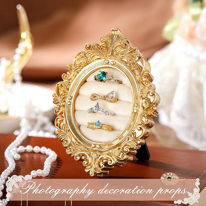 Vintage Ring Holder Oval Light Gold Ring Display Stand Frame Earring Display Tray Anniversary Engagement Baroque Wedding Jewelry Organizer Photograph Prop for Women Christmas Gift