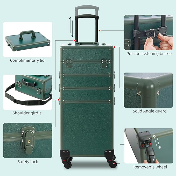 Makeup Train Case, Rolling Makeup Case with Lid, 5 in 1 Cosmetology Case on Wheels, Christmas Gift, Large Makeup Case Organizers, Profesional Cosmetic Case for Salon Barber, Green