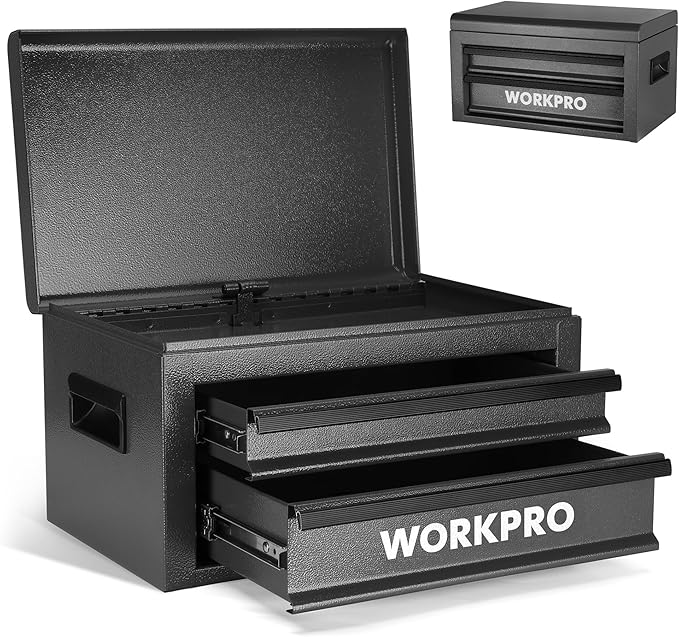 WORKPRO 15 Inch Metal Tool Box with 2 Drawers & 1 Top Storage, Heavy Duty Portable Tool Box with Handle for Garage, Office and Home, Up To 85 LBS Load Capacity