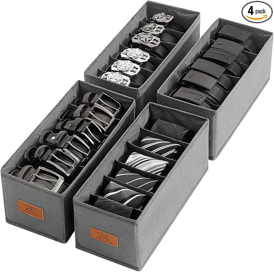 4 PCS Belt Organizer for Closet, 6 Grids Belt Holder, Washable Belt Box, Foldable Tie Organizer for Men, Belt Storage for Drawer (Grey, 13.38inch)