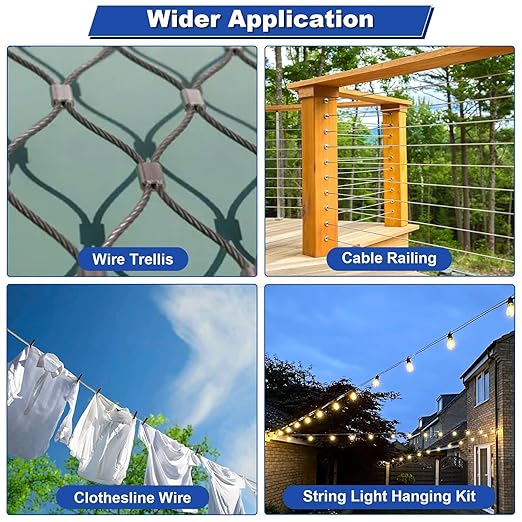 TooTaci 1/8 Wire Rope Kit, 100ft Vinyl Coated Stainless Steel Cable with 50pcs Crimping Sleeves and 20pcs Thimbles, 7x7 Strand Core Metal Cable for String Light, Shade Sail, Clothesline, Curtain