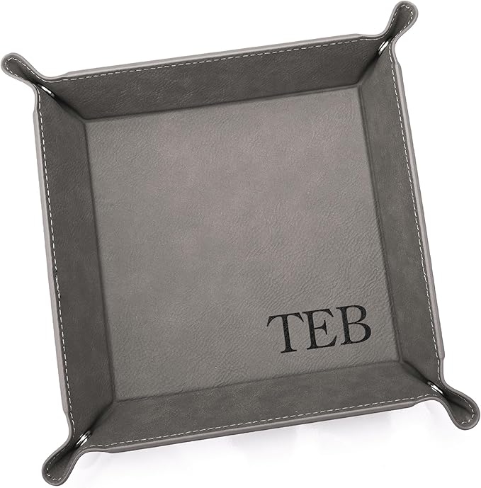 Lifetime Creations Monogrammed Valet Tray (Gray) - Personalized Vegan Leather Catchall, Change Tray, Groomsmen Gift, Desk Dresser Organizer