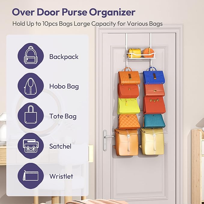 SWTYMIKI Over The Door Purse Organizer - Wall Mounted Purse Rack with 10 Hooks and Metal Basket, Hanging Handbag Storage Organizer Holds up to 10 Bags, Bag Rack Can Use As 1/2 Part, for Door, Closet