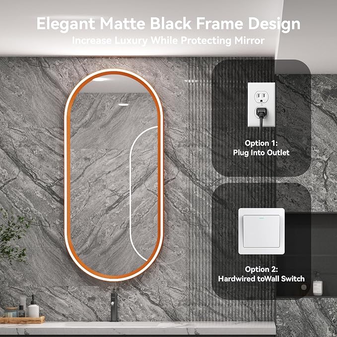 Led Bathroom Mirror with Lights, 20'' x 43'' Oval Heavy Duty Aluminum Frame Bathroom Vanity Mirror with Lights, 3 Colors, Brightness Stepless Dimmable, Anti-Fog, Memory Function, Single LED Orange