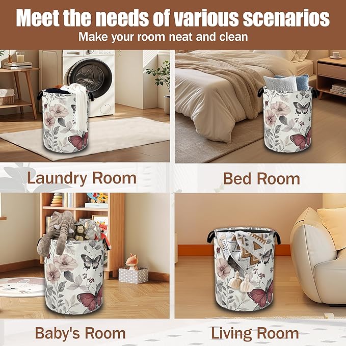 Butterfly Botanical Plant Flower Laundry Basket,Waterproof Foldable Laundry Hamper,Dirty Clothes Basket, Linen Bin Storage Organizer Collection 16" x 20.8"