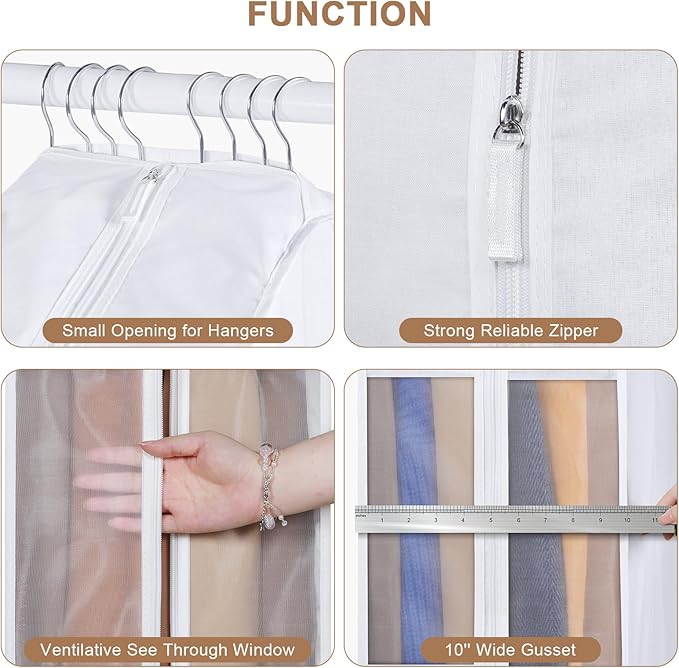 Kntiwiwo 32" Premium Cotton Garment Bag for Hanging Clothes, Breathable Suit Bags for Closet Storage with Extra Large 10" Gusseted & Clear Window, Dust Cover with Zipper for Short Clothes, 3 Pack