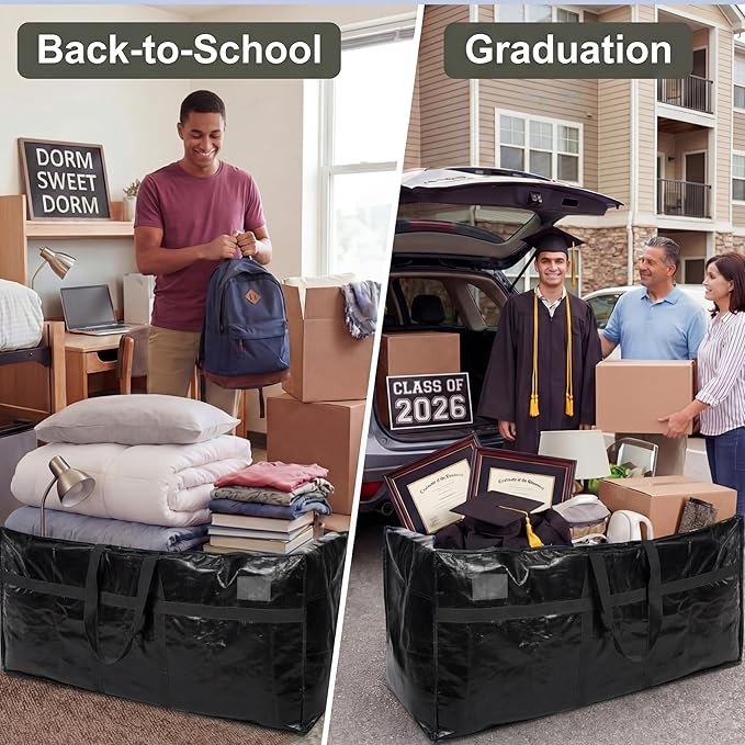 4 Pcs 149 Gallon Extra Large Moving Bags Heavy Duty Storage Bag with Strong Zipper Handle Foldable XXL Jumbo Storage Tote Packing Moving Box for College Dorm Travel Cloth Duffle (Black)