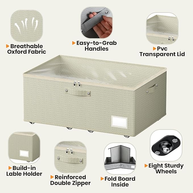 Underbed Storage with Wheels, 2 Pack Under Bed Storage Containers with Clear Lids, No Assembly Required 10.1 inch Rolling Under Bed Storage for Clothes, Beige