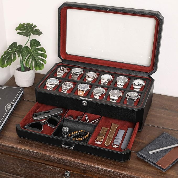 ROTHWELL 12 Slot Leather Watch Box with Valet Drawer - 12 Slot Luxury Watch Case Display Organizer, Microsuede Liner, Mens Accessories Holder, Jewelry Case, Jewelry Display Organizer (Black/Red)