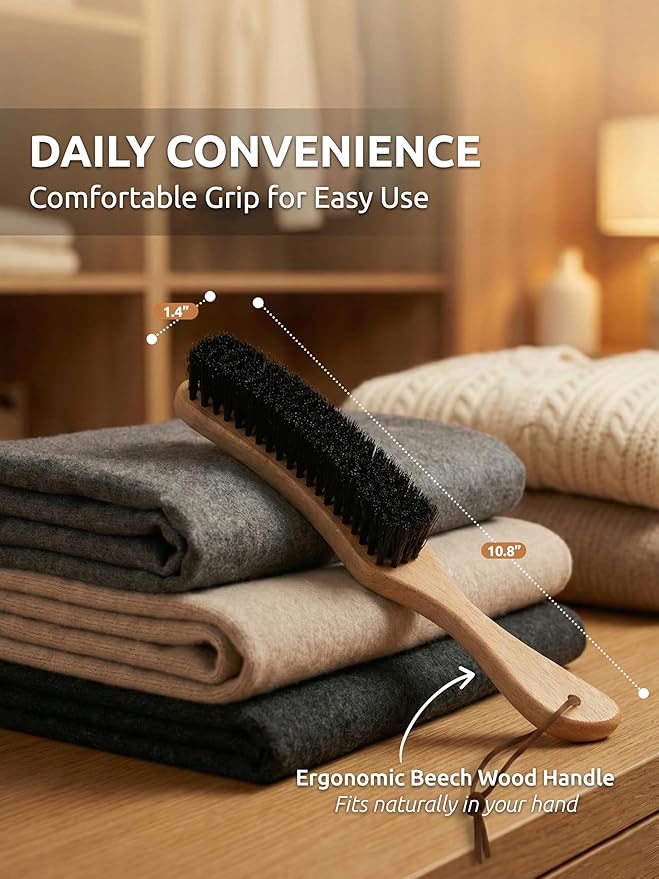 TAKAVU Clothes Brush Hat Brush, Black Boar Bristle Lint Brush with Large Beech Wood Handle - Perfect for Pet Hair, Suits, Velvet, Cashmere, Wool, Suede, Shoe - Effective Lint Remover