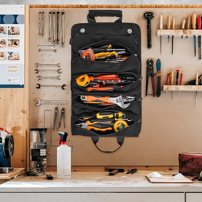 Tool Bag, Tool Bags for Men, Heavy Duty Tool Organizer, Portable Roll Up Tool Bag Gifts For Him, Mechanic, Electrician and Hobbyist, Car Tool Roll Organizer - Black