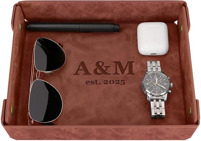 Engraved PU Leather Valet Tray – Personalized Light Coffee Catchall with Custom Name – Organizer for Keys, Wallet, Jewelry – Meaningful Gift for Couples, Home, Office