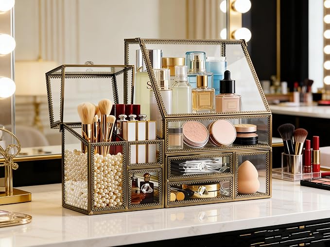 Hersoo Glass Antique Brass Stackable Drawer Set Makeup Organizer for Vanity Antique Countertop Vanity Cosmetic Storage Box Mirror Glass Beauty Display