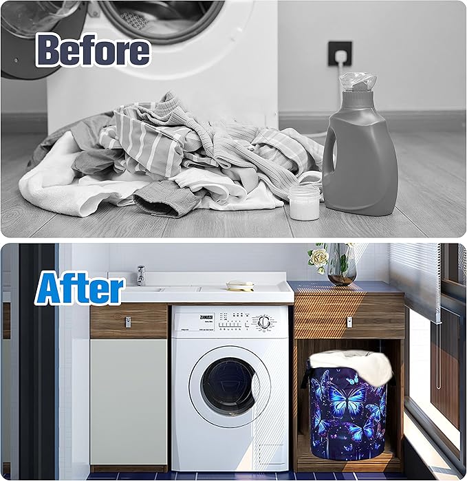 Blue Purple Butterfly Laundry Basket Insect Foldable Oxford Cloth Funny Tote Bag Laundry Hamper Clothes Storage Bucket Organizer For Bathroom/Laundry Storage/Bedroom 17.7x13.7Inch
