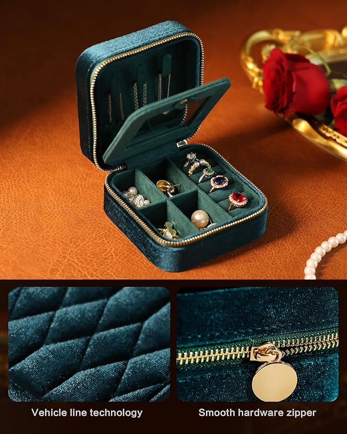 Velvet Jewelry Box – Travel Jewelry Case Organizer with Mirror, Adjustable Compartments for Women | Luxury Storage Case & Gift for Her - Caramel