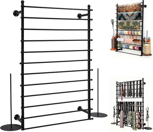 12 Layers 80cm Black Wall Display Stand Wrapping Paper Ribbon Organizer Tie Scarf Rack Belt Towel Holder Spool Hijab Stand Metal Shelving for Home, Retail Stores, Flower Shop, Studio, Sewing