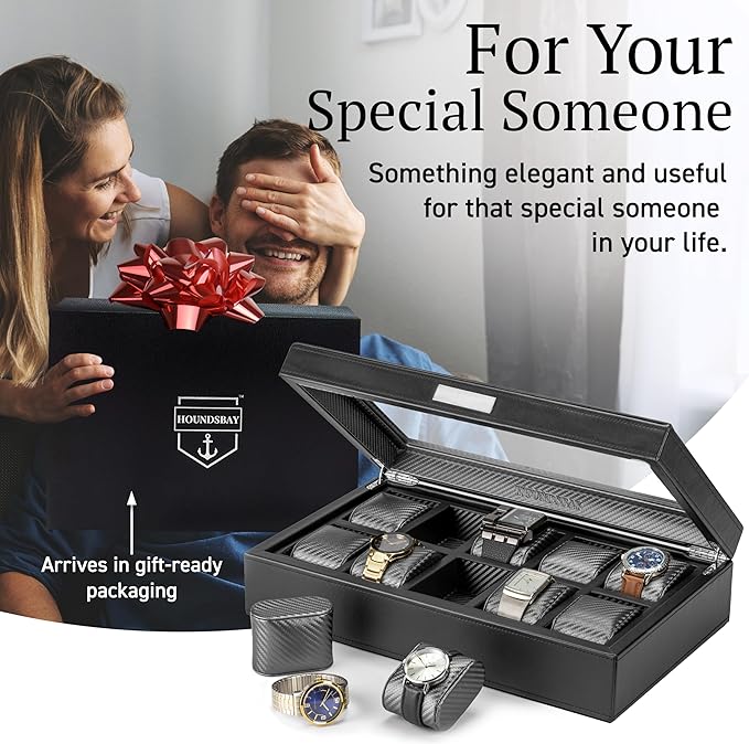 HOUNDSBAY Mariner Mens Watch Box Storage Case for Large Watches, PU Leather Organizer, Wrist Display Holder