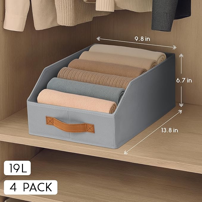 Fabric Storage Bins for Organizing - 4 Pack Large Trapezoid Collapsible Storage Bins with Front Handle, Closet Organizers and Storage for Bedroom, Home Shelves, Small Spaces, Grey