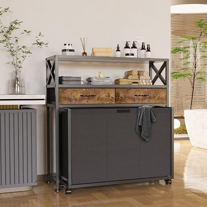 Laundry Hamper 3 Section, 150L Rolling Laundry Sorter Basket with 2 Shelves and 2 Drawers, 3 Compartment Clothes Organizer Cart with Wheels, Pull-Out Bags for Laundry Room, Bathroom, Bedroom