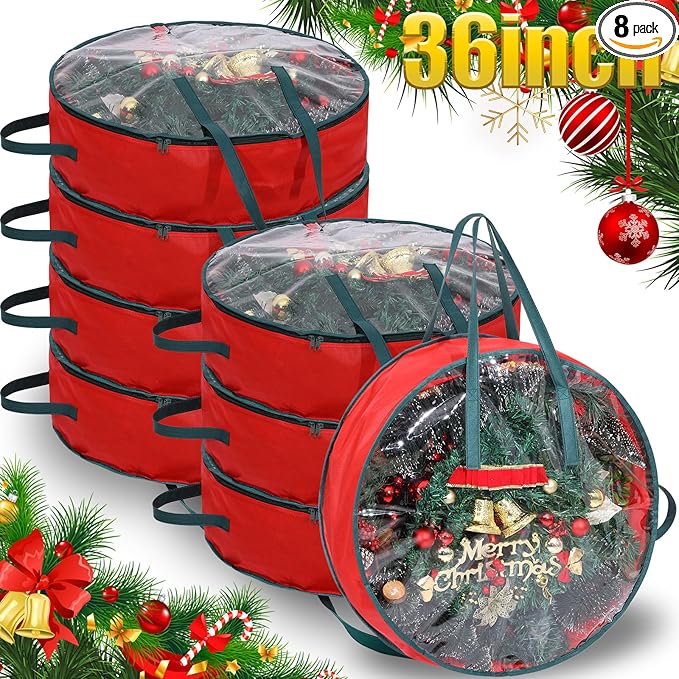 Shappy 8 Pcs Christmas Wreath Storage Bag Clear Wreath Box Wreath Storage Containers with Clear Window and Handle Christmas Garland Storage Containers for Xmas Holiday Seasonal Storage (36 Inch)