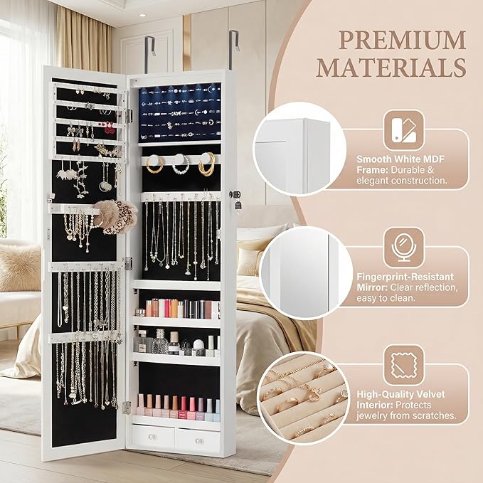 Large Capacity Wall-Mount Jewelry Armoire with LED Lights & Lock - 47.2" Tall Mirror Organizer Cabinet, 6 LEDs, Door-Hanging Design (White)