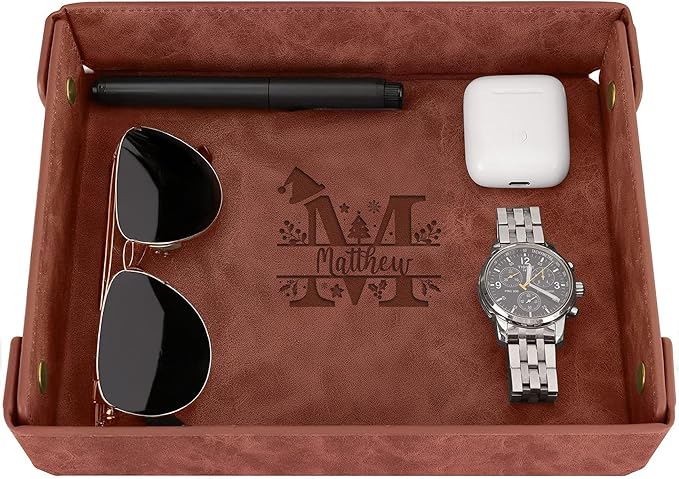 Engraved Christmas Light Coffee Leather Valet Tray – Personalized Rectangle Catchall Organizer for Wallet, Keys & Jewelry – Gift for Men, Dad, Couples – Dresser Top or Coffee Table Decor