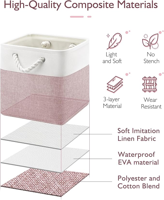 11 Inch Storage Cubes 4-Pack, Foldable Fabric Organizer Bins with Rope Handles, Cube Storage Baskets for Closet Shelves and Home Organization(White/Pink)