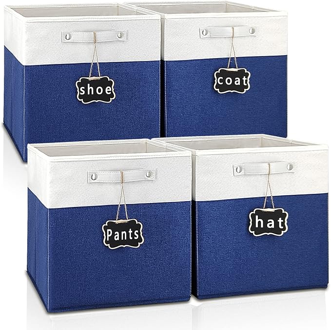 13x13x13 Inch Large Foldable Fabric Linen Cube Storage Bins【4-pack】, with Cotton Handles Closet Bins for Cabinet Shelves Home Organization and Storage bins(White&blue)