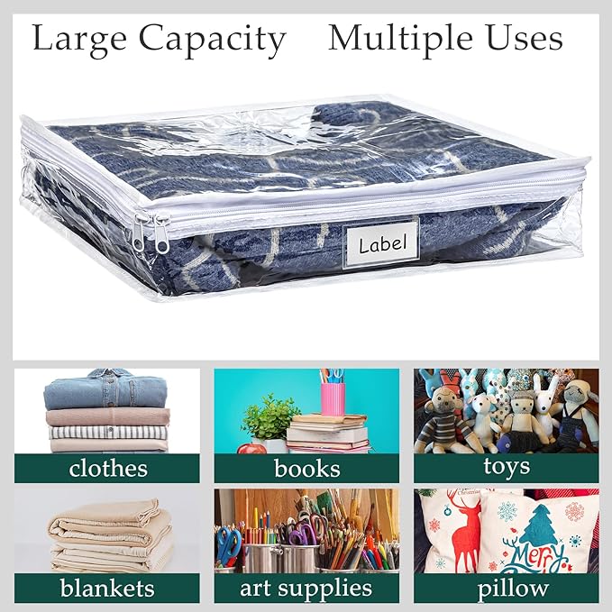 Hoolerry 12 Pcs Clear Zippered Storage Bags Pvc Sweater Sheet Organizer Plastic Sheet Storage Sweater Bags With Zipper And Label Pocket Container For Clothes Closet Linen Pillow(16 x 14 x 4 Inch)