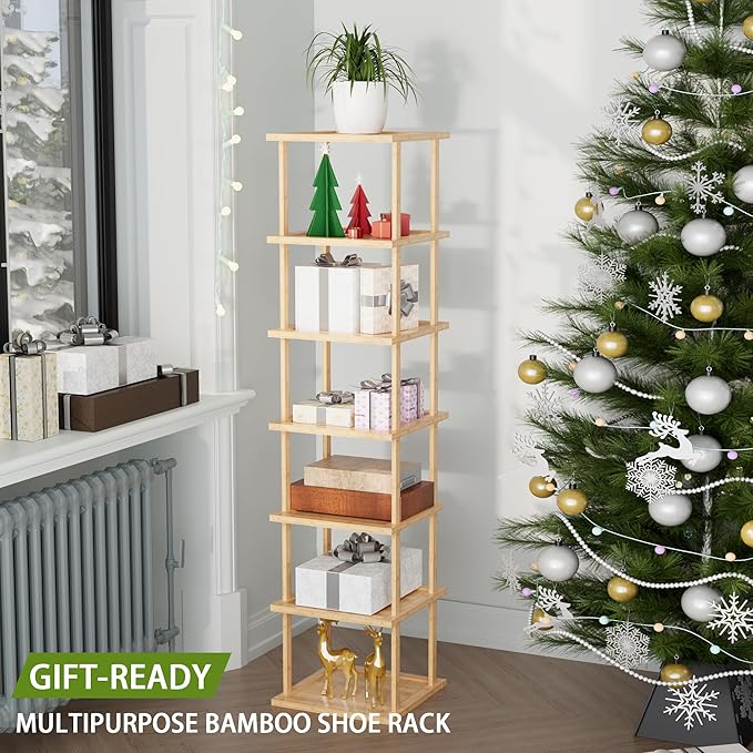 Vertical Tall Shoe Rack For Entryway - Tall 7 Tier Free Standing Slim Narrow Bamboo Wood Shoe Boots Storage Shelf Small Spaces For Garage Closet Doorway Garage Living Room Storage for Kitchen Bathroom
