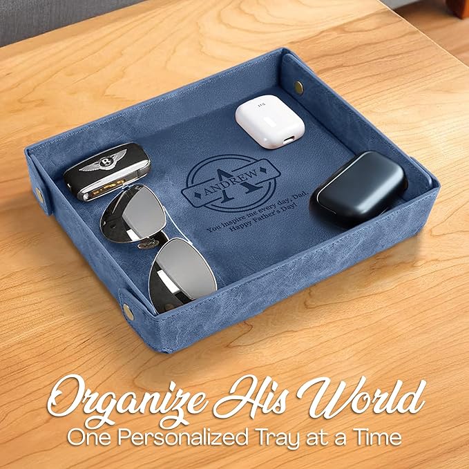 Engraved Father’s Day Leather Valet Tray – Personalized Leather Catch All with Custom Name – Men’s Valet Tray Organizer for Keys, Watches, and Jewelry – Unique Dad Gift from Daughter or Son - Blue