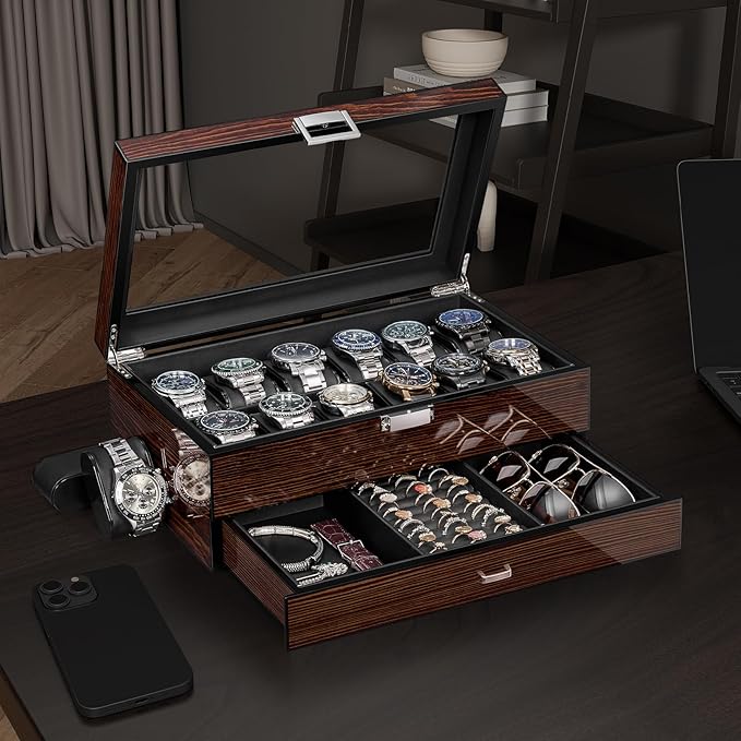 BEWISHOME High-End Watch Box, 12-Slot Watch Case with Large Glass Lid, 2-Layer Wooden Watch Box for Men, Watch Organizer Watch Storage Holder for Men Brown SSH02Y