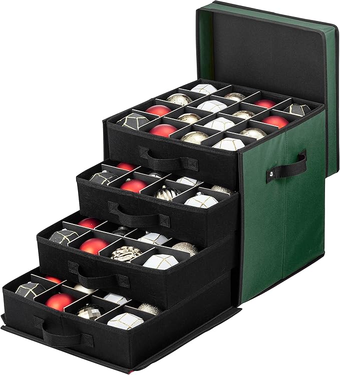 ZOBER Christmas Ornament Storage Box - Stores 64 3" Ornaments with Drawer Style Trays - Tear Proof 600D Oxford Fabric - Ornament Organizer Storage Box, Durable Christmas Containers Holder - Green