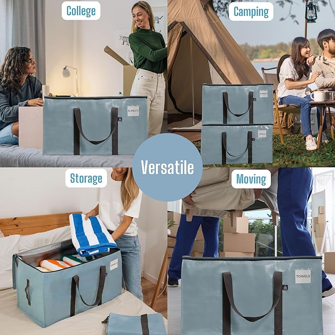 VENO 2 Pack Moving Bags, Upgraded Heavy Duty, Moving Boxes Alternative, Packing Storage Supplies for Dorm Room Essentials with Zipper for Clothes, Large Totes for Packaging (Light Blue, 2 Pack)