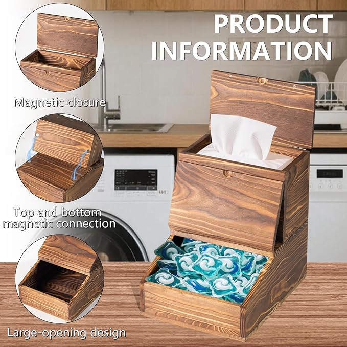 Wooden Laundry Dishwasher Pods Container,Multi-Use Dishwasher Pods Holder & dryer sheet holder, Storage with Spoons for Laundry Room & Kitchen Organization