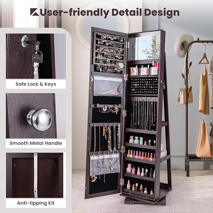 CHARMAID 360° Swivel Jewelry Armoire with Full Length Mirror, Standing Lockable Jewelry Cabinet Organizer, Large Storage Capacity, Inside Makeup Mirror, Back Storage Shelves (Espresso)