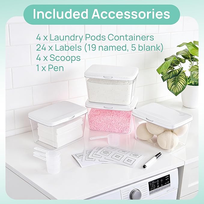 Vtopmart 4 Pack Laundry Pods Container and Dryer Sheet Holder, Detergent Powder Container with Lids &Labels & Scoop for Laundry Room Organization, Laundry Storage for Powder, Pods, Scent Booster Beads
