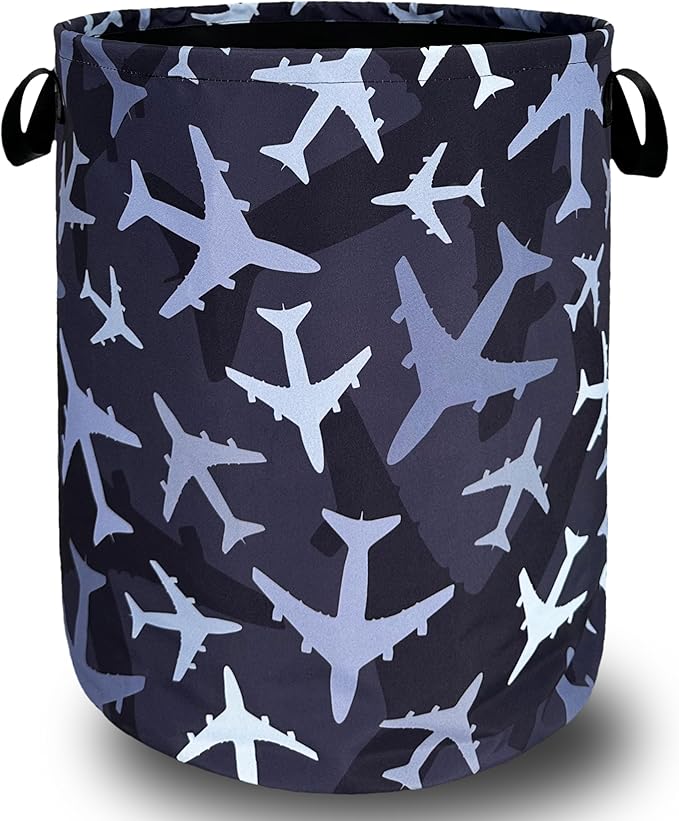 Plane Laundry Hamper Foldable With Handles Colorful Tote Bag Universal Oxford Cloth Blue Funny Laundry Basket Clothes Toy Storage Bucket 18.9" x 16.5" For Bathroom/Laundry/Bedroom