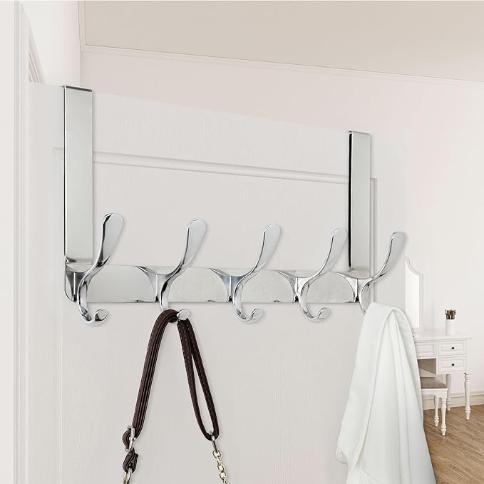 WEBI Over The Door Hook 5 Coat Hooks,Over The Door Towel Rack,Door Hanger Over Door Coat Rack for Hanging Towels,Clothes,Bathroom,Chrome