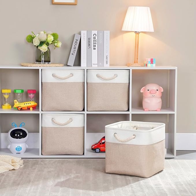 Mangata Canvas Storage Boxes, 11.8 Inch Cube Storage Bins Set of 6 for 12 Inch Cabinets, Fabric Baskets with Cotton Rope Handle for Organizing Clothes Nursery Home (Khaki/White)