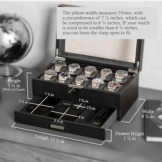 ROTHWELL 10-Slot Watch Box in Leather with Valet Drawer, Luxury Watch Case Display Organizer with Ultra Soft Microsuede Liner, Jewelry and Sunglass Holder With Large Glass top (Black/Grey)
