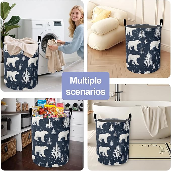 Cartoon White Bear Laundry Basket,Tree Large Canvas Fabric Lightweight Storage Hamper Organizer Dirty Clothes Collapsible Waterproof for College Dorms,Bathroom