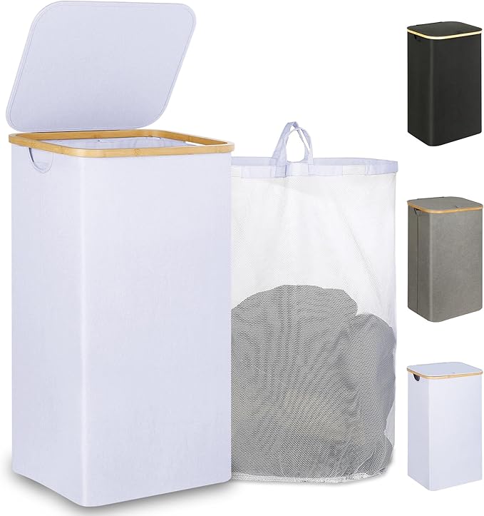 110L Laundry Hamper with Lid，Dirty Clothes Hampers for Laundry,Laundry Basket with Bamboo Handles and Removable Bag,Hamper for Bedroom, Bathroom, Dorm, Laundry Room, White