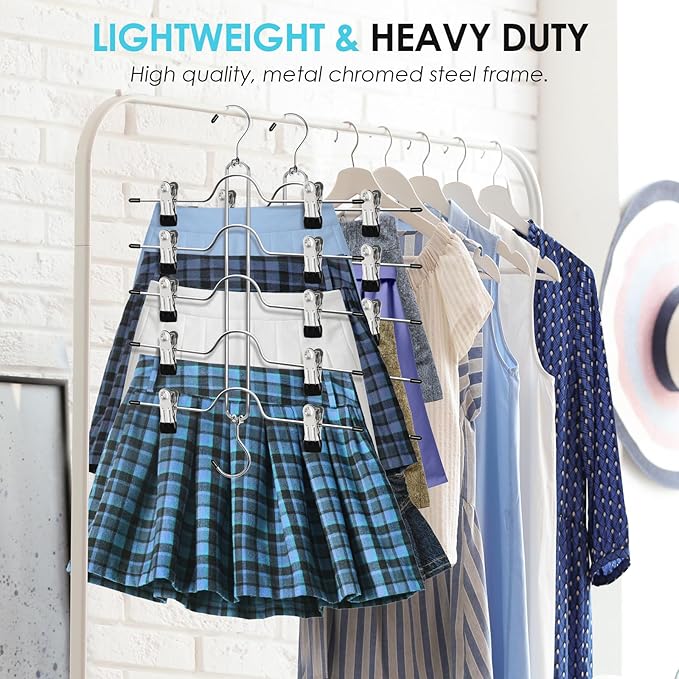 Skirt Hangers with Clips, Jadkysarh 5 Tier Pants Skirt Hangers Space Saving Multi Shorts Hangers with Adjustable Clips Closet Organizer and Storage for Jeans, Leggings 4 Pack