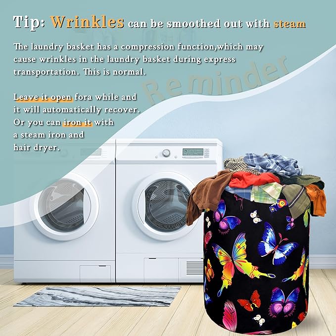 Colorful Butterfly Laundry Hamper Foldable With Handles Tote Bag Universal Oxford Cloth Butterflies Laundry Basket Clothes Toy Storage Bucket 18.9" x 16.5 "For Bathroom/Laundry/Bedroom