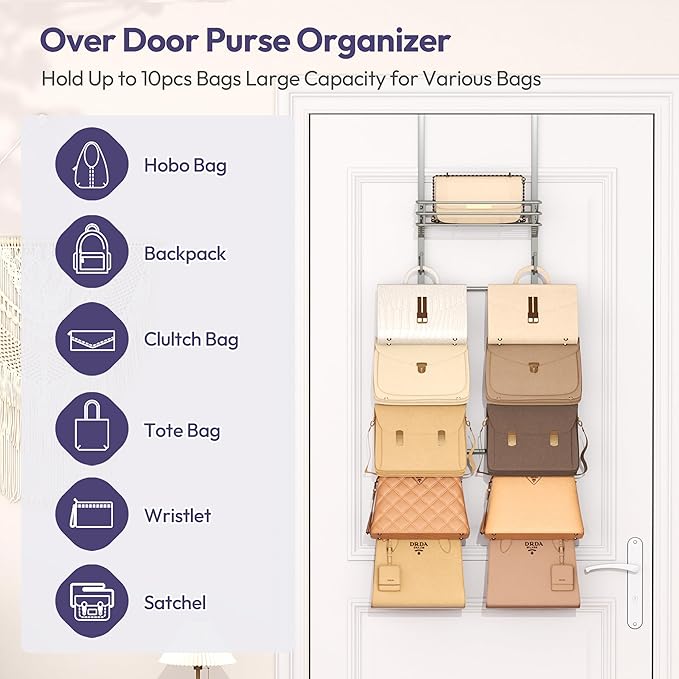 SWTYMIKI Over The Door Purse Organizer - Wall Mounted Handbag Organizer with 10 Hooks and Metal Basket, Hanging Purse Storage Rack Holds up to 10 Bags, Bag Rack Can Use As 1/2 Part, for Door, Closet