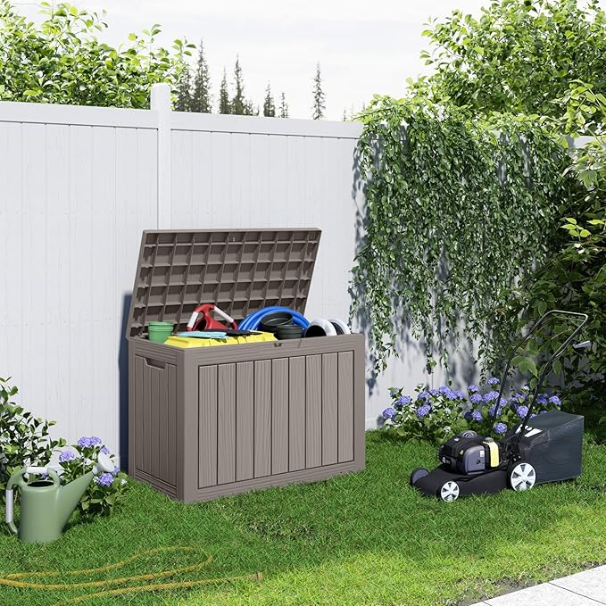 Vixzen 45 Gallon Waterproof Resin Deck Box, UV Resistant Outdoor Storage for Garden, Patio, Porch, Delivery（Grey，45 Gallon）