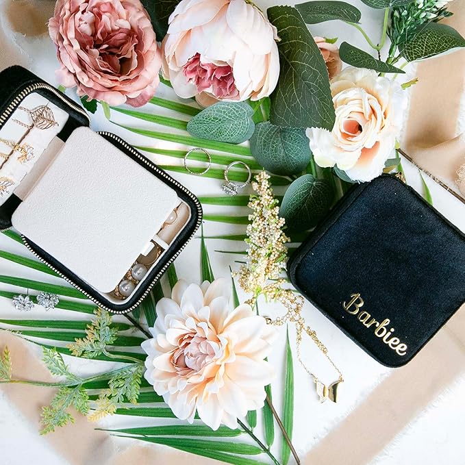 Customizable Compact Velvet Jewelry Box with Mirror, Travel Jewelry Case, Travel Jewelry Organizer, Jewelry Box for Women and Girls, Small Jewelry Organizer (Bottom Right Text, Black)