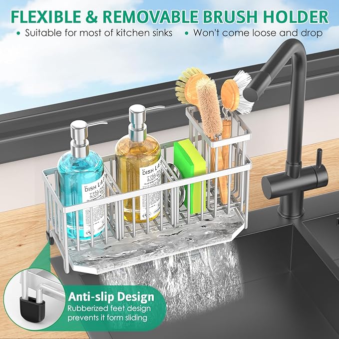TomCare Sponge Holder for Kitchen Sink 11'' Large Sink Organizer Caddy with Drain Tray Brush Holder Rustproof with 2 Adjustable Dividers Durable Kitchen Storage Accessories for Counter, Silver Grey