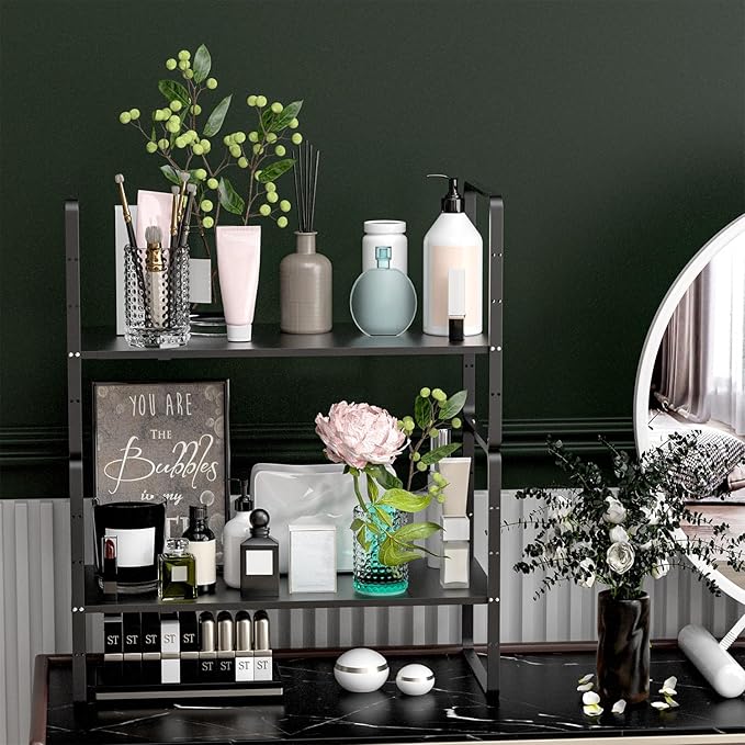Expandable Kitchen Cabinet Shelf Organizers, Stackable Metal Pantry Storage Shelves Rack, Adjustable Counter Spice Shelf for Cabinets, Countertop, Cupboard Organizers and Storage, Black